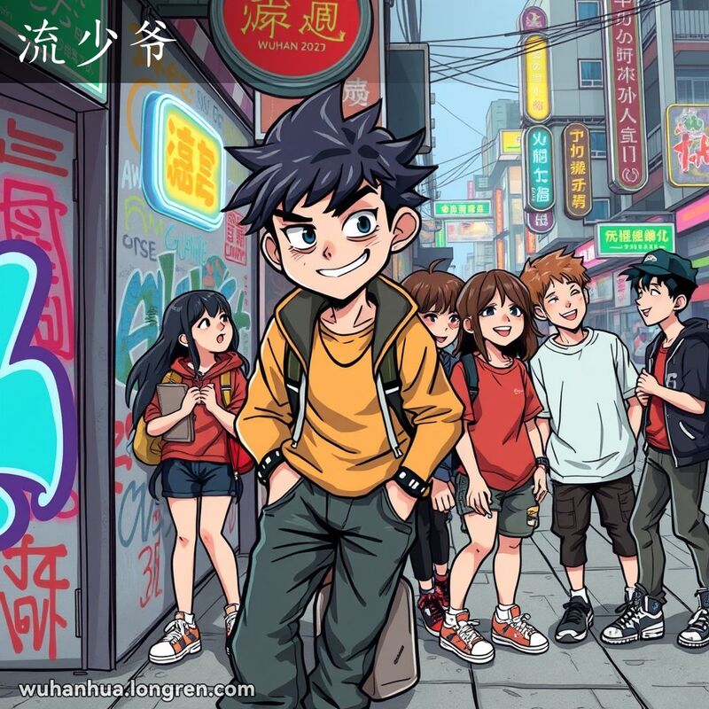 一群穿着时尚的青少年在武汉街头聚集，主角少年靠在涂鸦墙上，展现出玩世不恭的态度，背景是充满活力的街头艺术和霓虹灯。