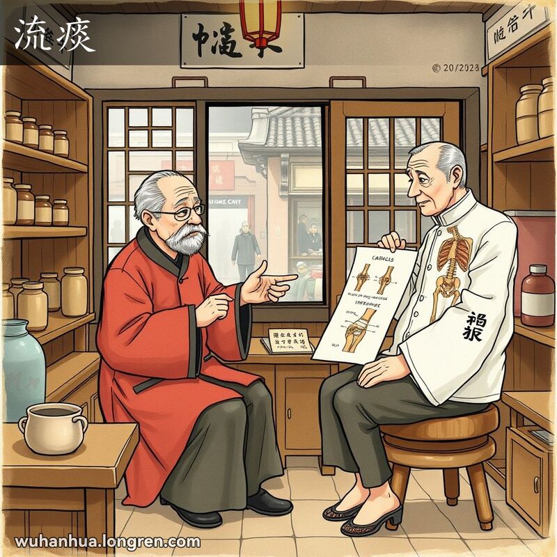 一位老中医在诊所中为病人诊断，病人关节处包扎着绷带，背景是武汉老街景
