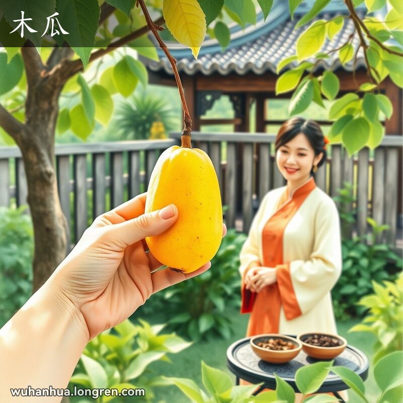 一位身穿传统中式服装的女子在花园中手捧成熟的木瓜，旁边有一碗草药，背景是木质栅栏和中式亭子。