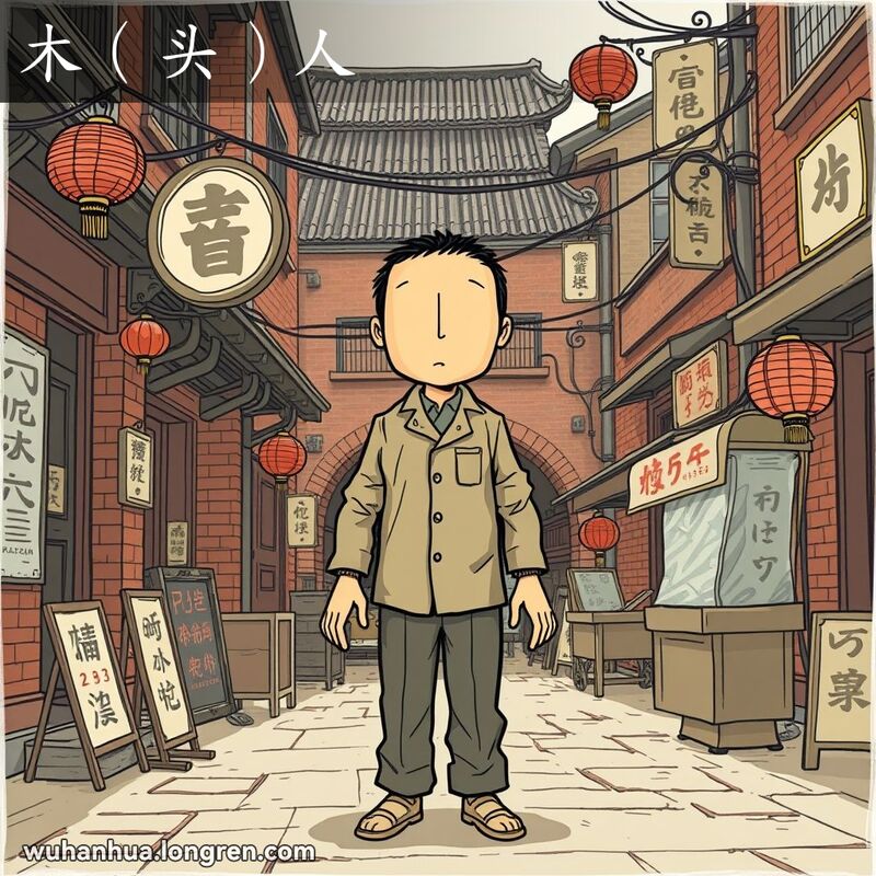 一个人僵硬地站立，面无表情，像木偶一样，背景是武汉老街景