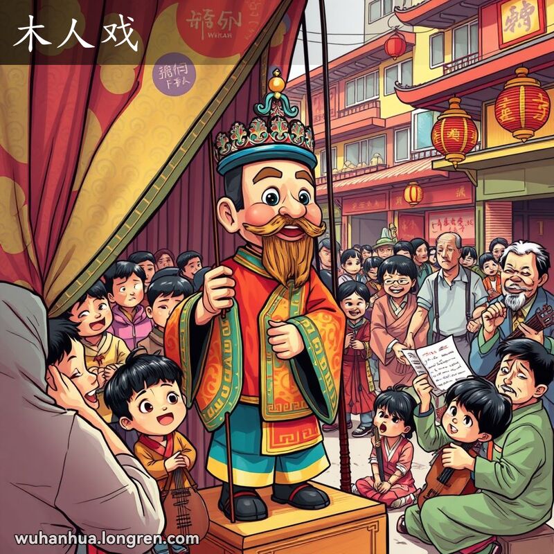 武汉街头的木偶戏表演，傀儡师操控木偶，观众兴致勃勃，背景是热闹的街头市场