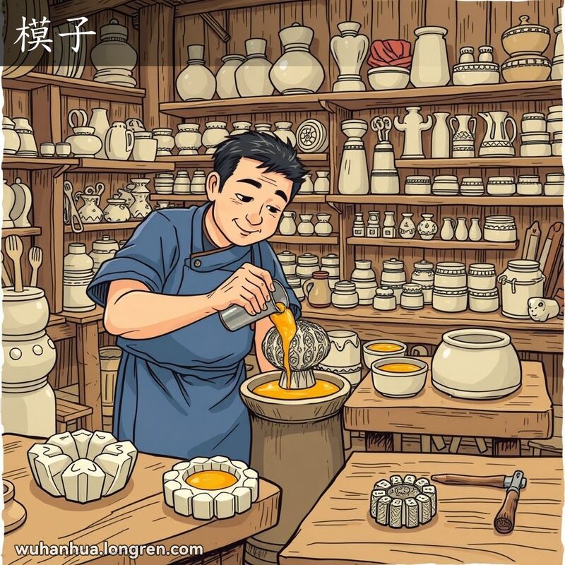 一位武汉工匠在工作坊中使用模具制作产品，背景有各种模具和成品
