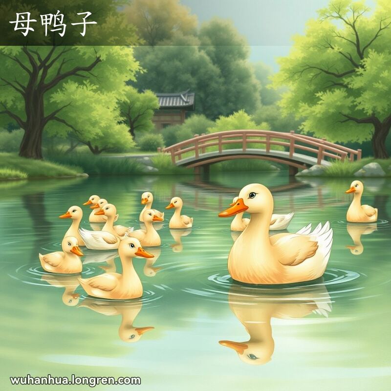 一只母鸭在乡村池塘中游泳，背景有绿树和木桥，画面宁静自然