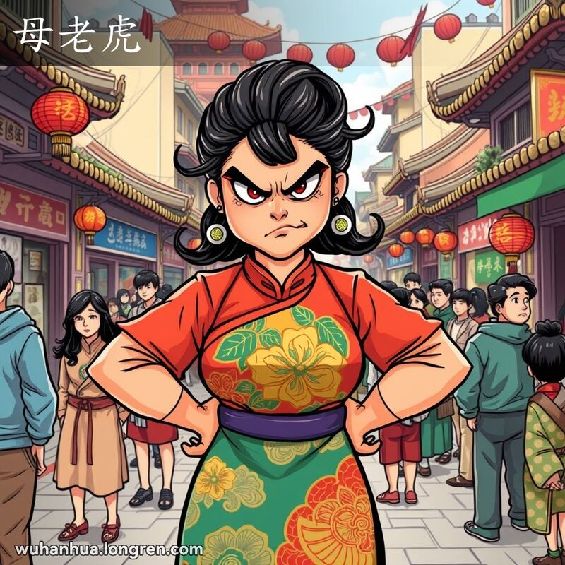 一位穿着传统服饰的凶悍女子站在武汉街道上，周围人们略显畏惧，背景是武汉的传统建筑和小店