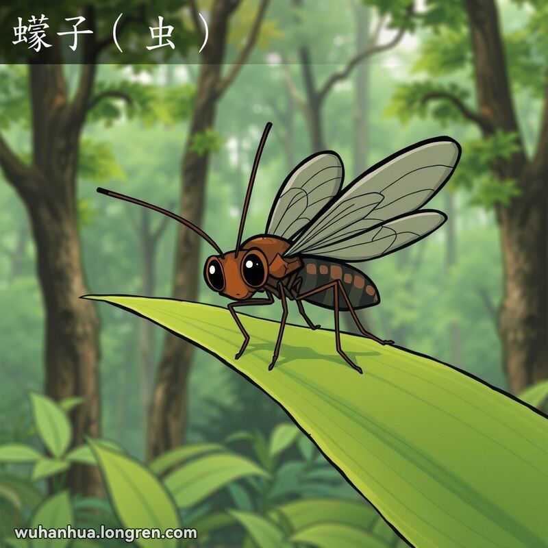 一只小型褐黑色昆虫停在叶子上，背景是茂密的绿色森林，画面风格为卡通风格，色彩鲜艳。