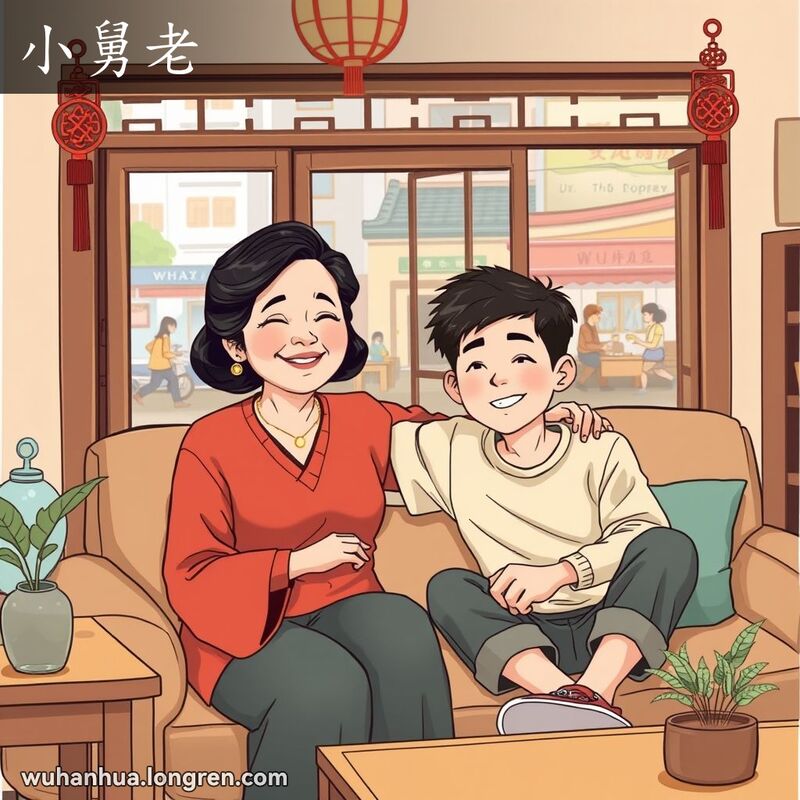 一位中年妇女和她的小舅老在客厅里亲密交谈，背景是武汉街景