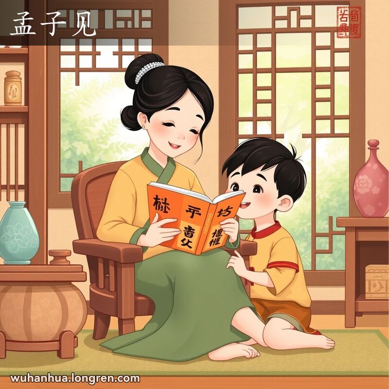 一个传统中国家庭场景，母亲手持《孟子》书籍，温柔地看着书，孩子好奇地看着母亲，背景是宁静的花园。