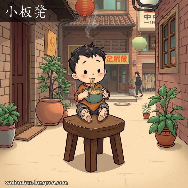 一个小孩坐在武汉小院里的小板凳上，手里端着一碗热气腾腾的面条，背景是武汉老街景