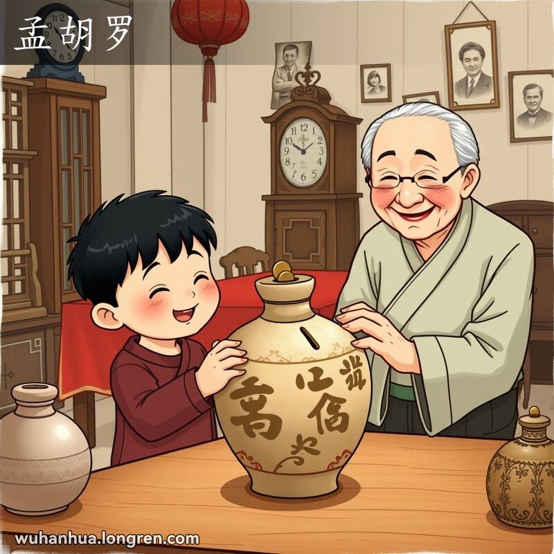 一个小男孩在传统武汉家庭场景中，试图将硬币投入形似无口小酒坛的泥制储蓄罐，旁边有老人微笑观看。