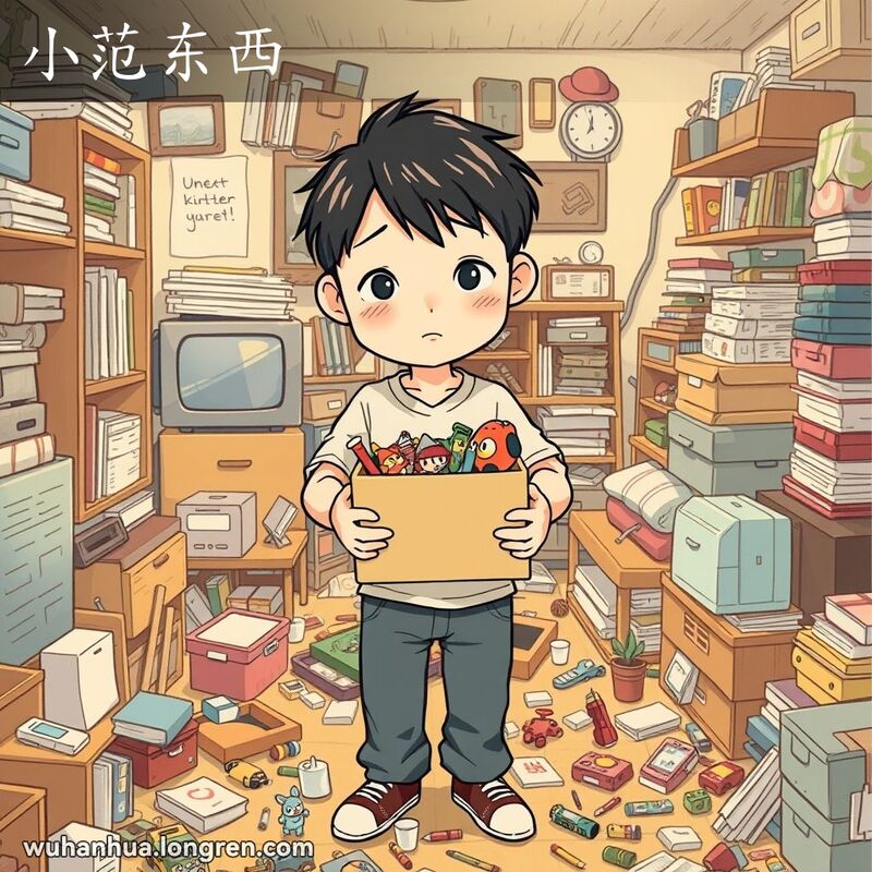 一个凌乱的房间，地上散落着各种小物件，一个人正试图将它们收拢进小盒子里。