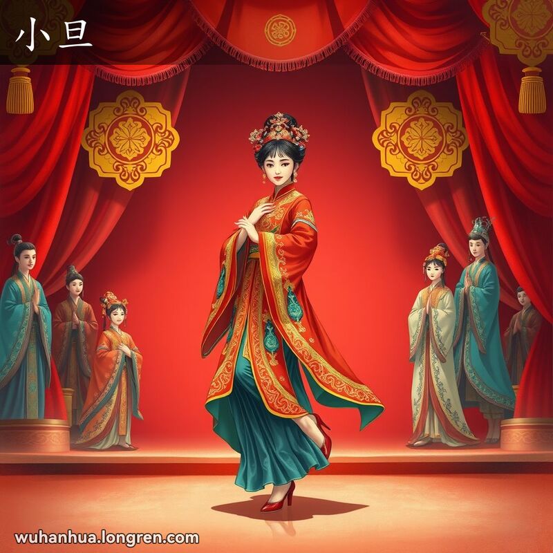 一位年轻的女演员在戏曲舞台上扮演小旦角色，背景有其他演员观看