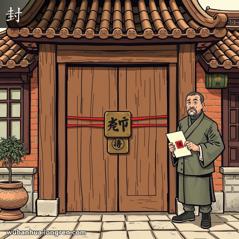 武汉院落，院门被大锁和红色封条封住，一位男子手持封条信件站在一旁，背景是武汉老建筑。