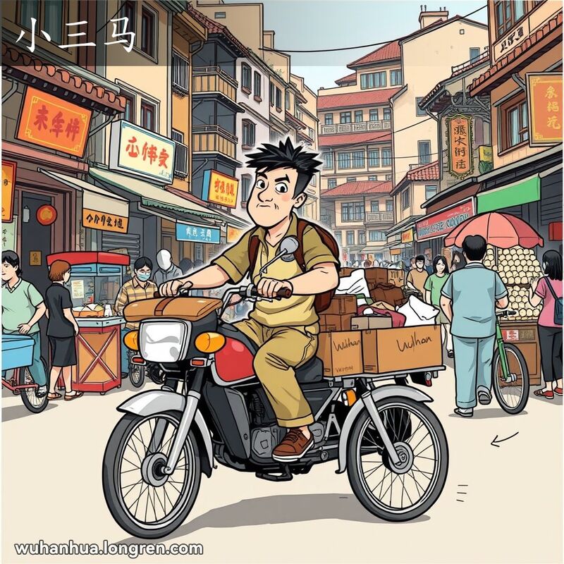 一位武汉市民骑着装满货物的三轮摩托车穿行在繁忙的街道上，背景是武汉老街景