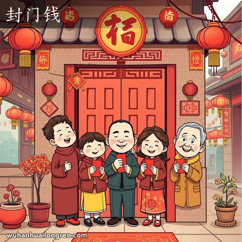 武汉传统春节场景，家门上方贴着封门钱装饰花纸，家人们手持红包围在门前，背景是热闹的老街景