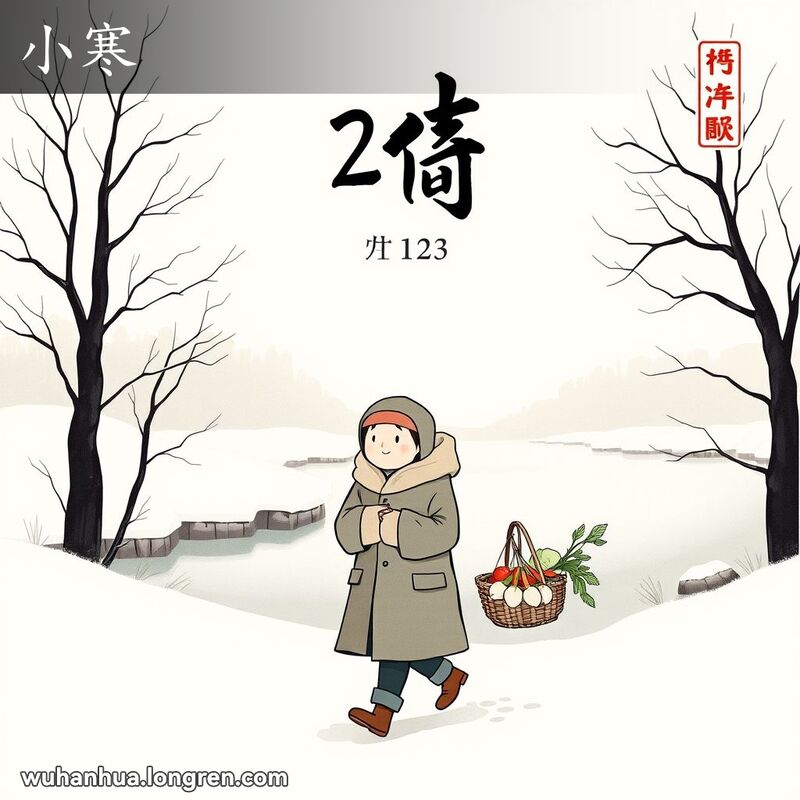 冬季宁静景象，人物手提冬季蔬菜，享受小寒节气的宁静
