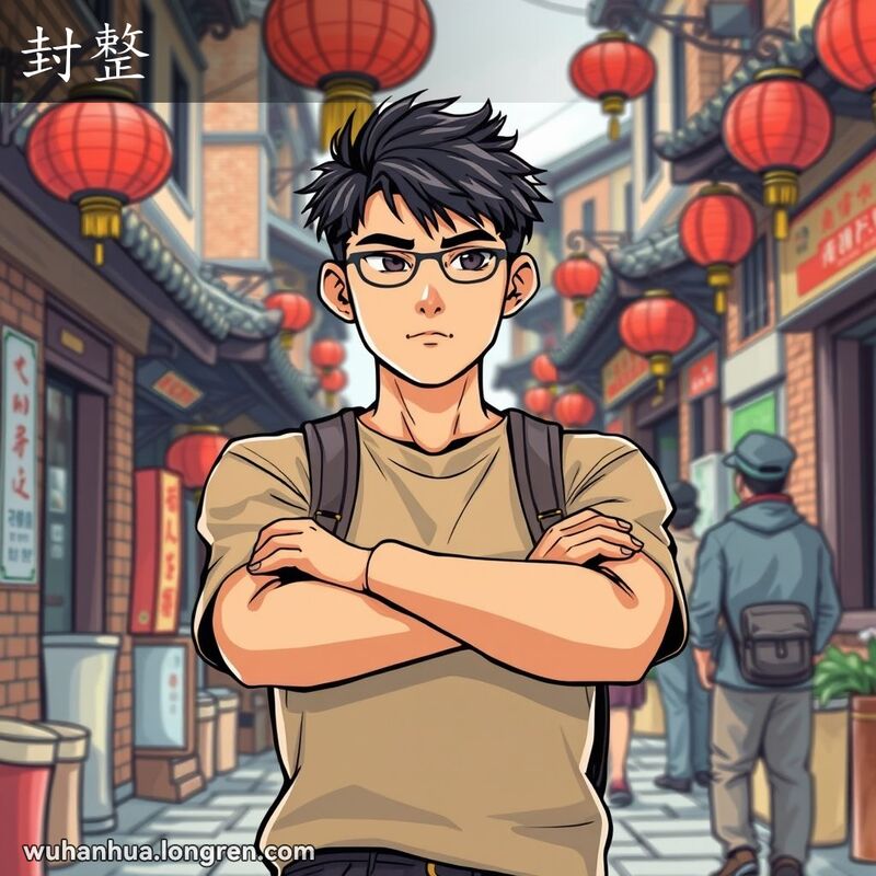 一位武汉年轻人站在街道上，双臂交叉，表情坚定，背景是武汉街景，包括老砖墙和红灯笼
