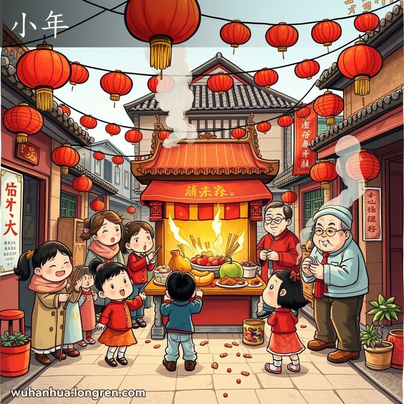 武汉传统小年节日场景，街道装饰红灯笼，家庭祭拜灶神，孩子们玩鞭炮，空气中弥漫香火气味。