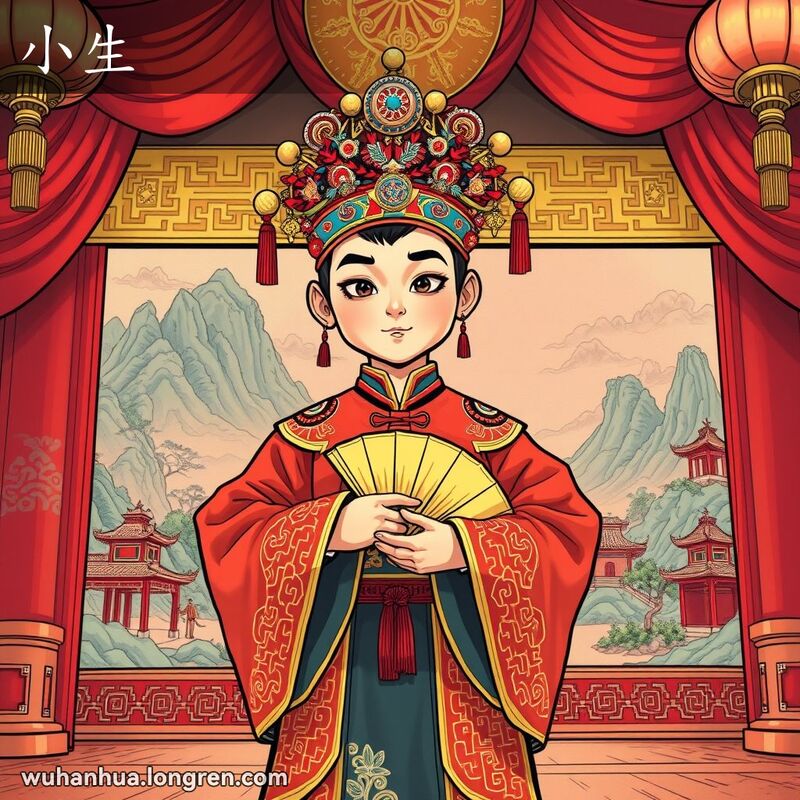 一个年轻的中国戏曲男演员站在舞台中央，穿着华丽的戏曲服装，手持扇子，背景是传统的中国风景画