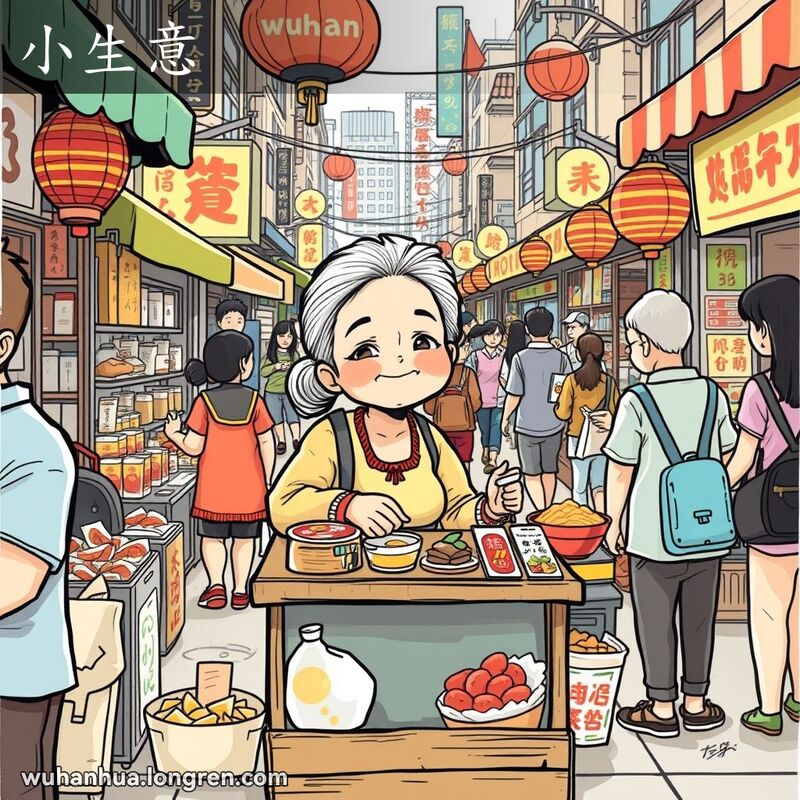 武汉街头市场，一位中年妇女在小摊位前与顾客互动，背景有其他小摊位和行人，画面生动活泼。