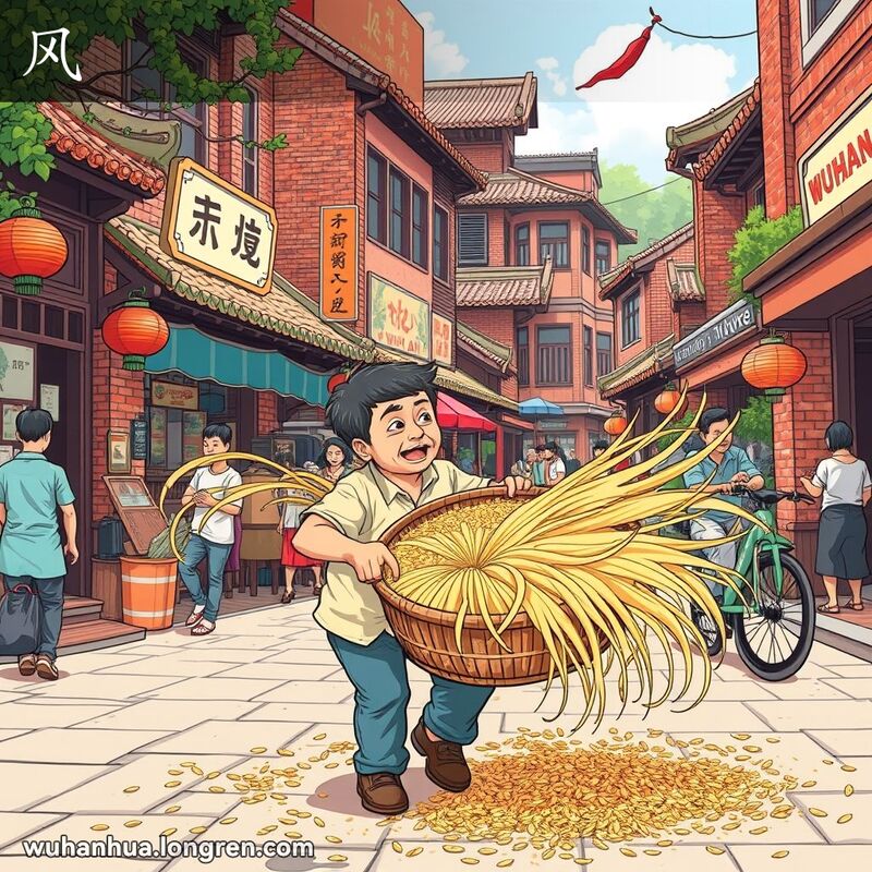 一位武汉市民在街头用风斗分离谷粒和谷壳，背景是武汉老街景，风吹动树叶和衣服。