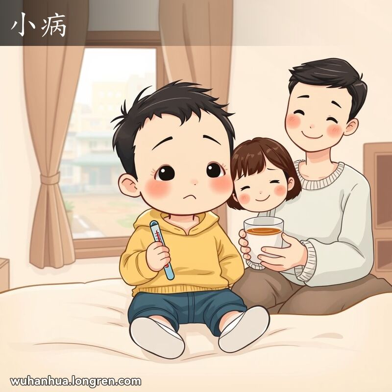 一位武汉小孩坐在床上，手持体温计，露出轻微的皱眉表情，旁边站着一位关心的家长，手持一杯温茶，露出安慰的微笑，房间柔和自然的光线和窗外的武汉街景增添了地方特色。