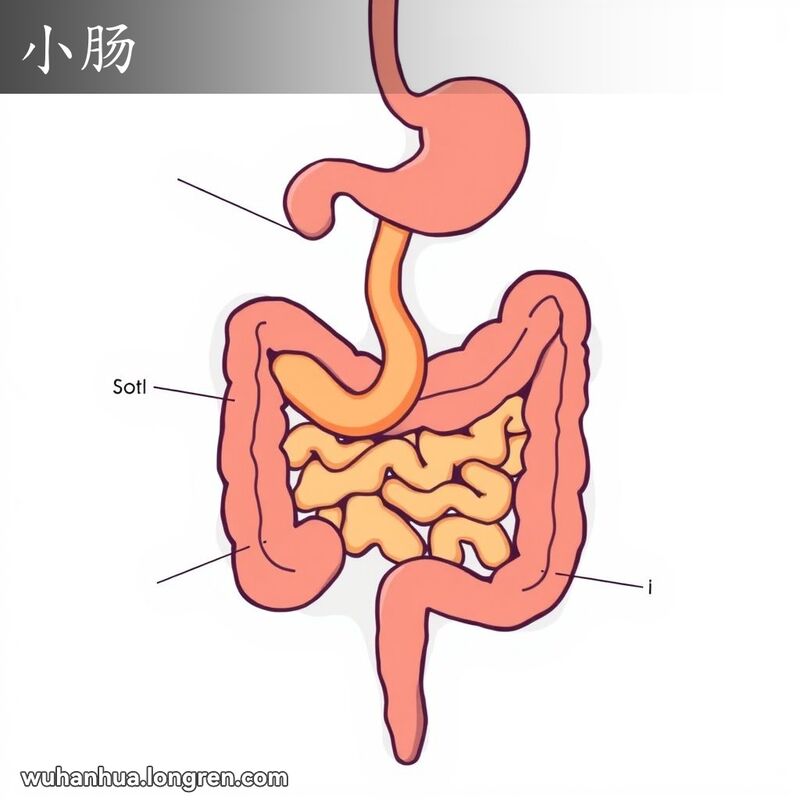 人体消化系统剖面图，突出小肠连接胃和大肠的位置