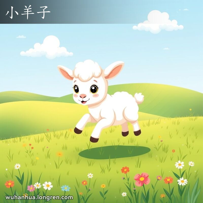 一只可爱的小羊羔在绿油油的草地上嬉戏，背景是连绵的山丘和晴朗的蓝天