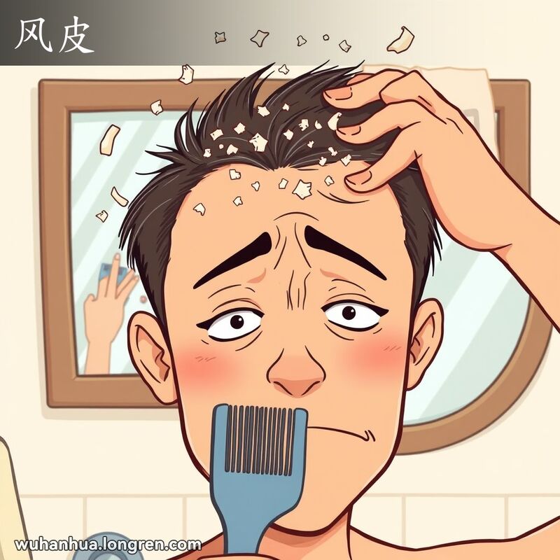 一个人头皮屑脱落，用手抓挠头皮，背景是洗手间