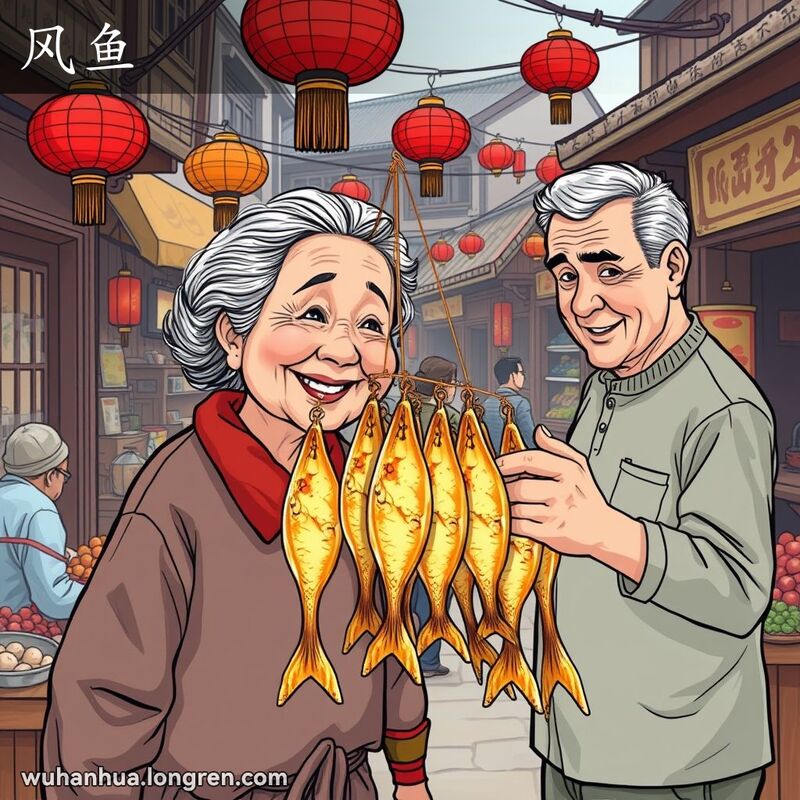 武汉街市摊位前，老妇人展示风干的咸鱼，背景是热闹的市场和顾客。