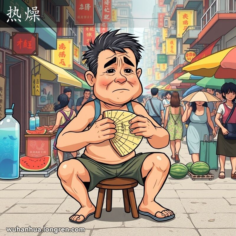 一位中年男子在武汉夏季的街头用扇子扇风，表情显得非常热，背景是热闹的街道和小贩