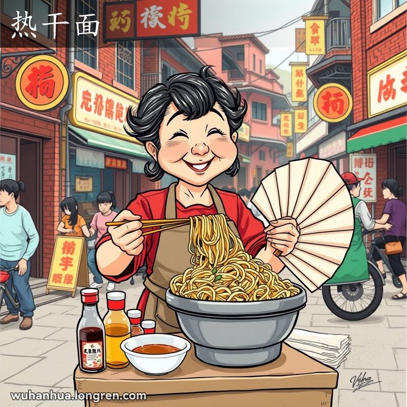 武汉街头热干面摊，摊主用扇子为面条扇凉，背景是老街景象