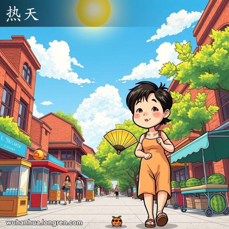 武汉夏季街景，居民手持扇子走在街上，背景有传统建筑和小摊贩