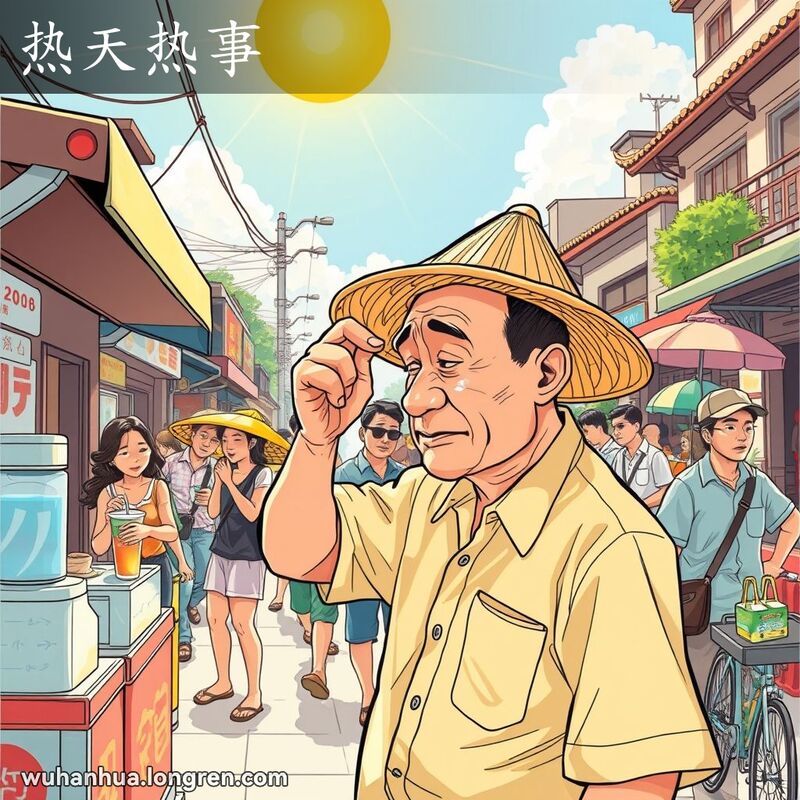 武汉夏季炎热街景，一位中年男子在冷饮摊旁擦汗，背景中其他人也在努力应对高温。