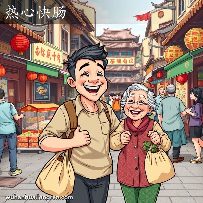 一位热心快肠的武汉市民在街头帮助老人搬运重物，背景是繁忙的武汉老街景