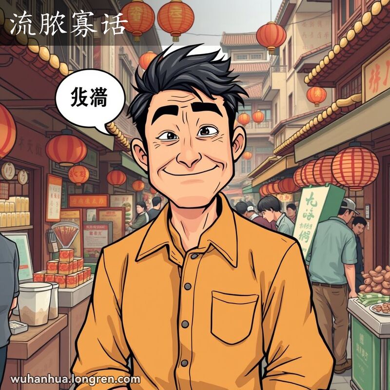 一位武汉男子在街市中，脸上带着狡黠的笑容，背景是武汉老街市景