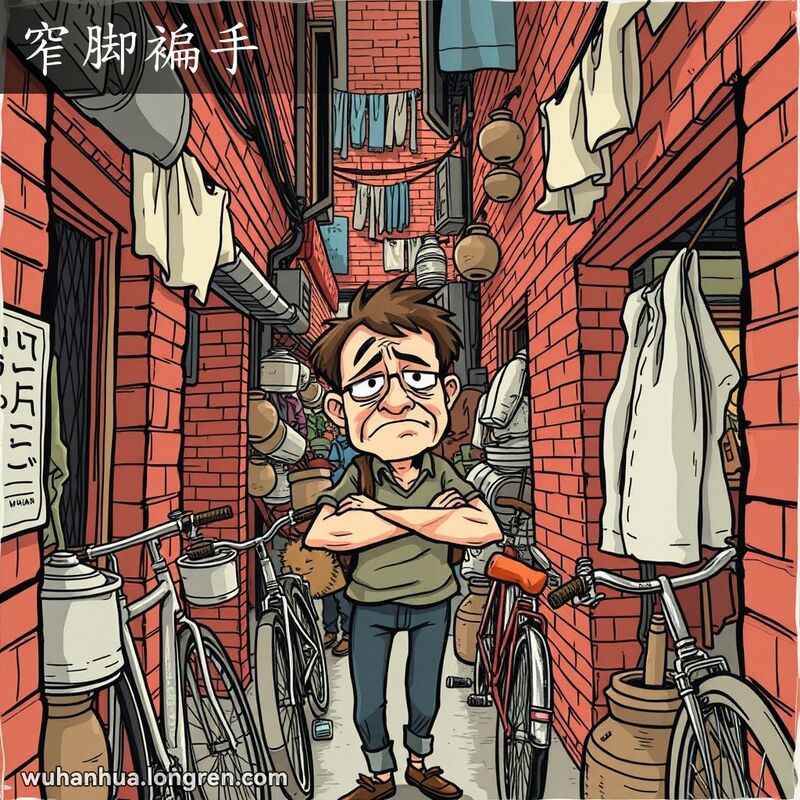 一个人在武汉老城区狭窄的巷子里行走，巷子两旁是红砖墙和拥挤的小店铺，地面上堆放着自行车、锅碗瓢盆和晾晒的衣物，使得空间更加狭小。