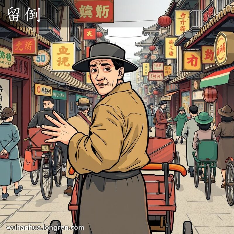 武汉老街上，一位人力车夫回头示意后面的人力车暂停一步，背景有其他人力车和老式店铺