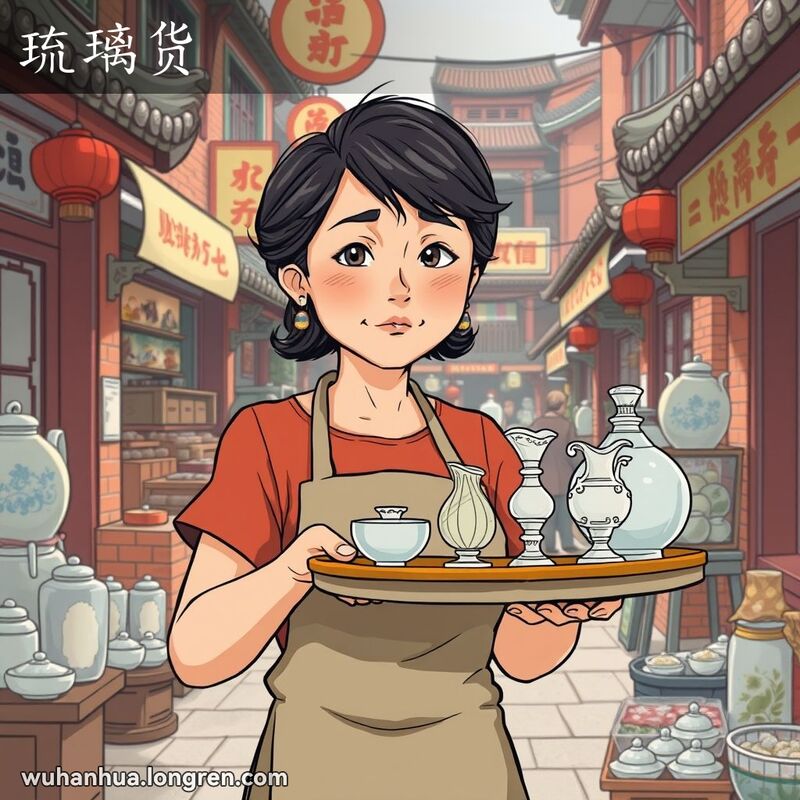 一位中年妇女在武汉街市中小心捧着玻璃器皿和瓷器，背景是热闹的市场