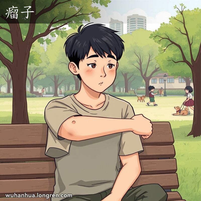 一位年轻的武汉市民坐在公园长椅上，手臂上有一道明显的疤痕，背景是宁静的公园场景