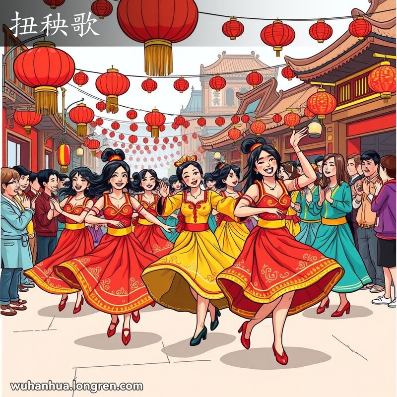 一群身穿传统服饰的武汉市民在街头跳扭秧歌，背景有红灯笼和欢呼的观众