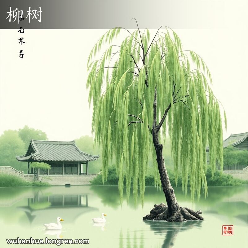 一棵高大的柳树在微风中摇曳，周围是宁静的池塘和传统中式建筑