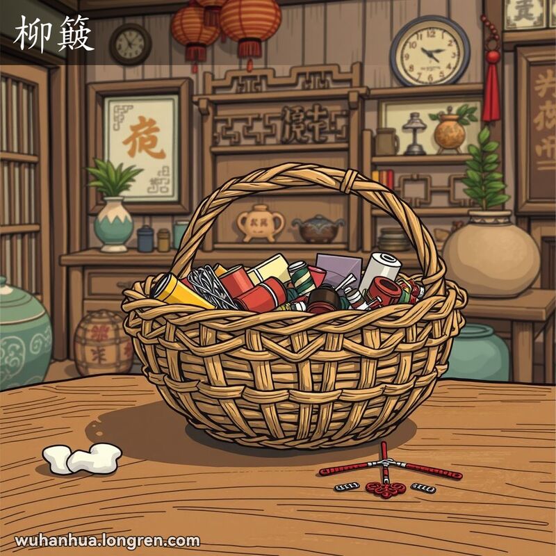 一个用柳条编织的簸箕，里面装有针线、碎布和其他杂物，摆放在木桌上，背景是温馨的乡村风格室内