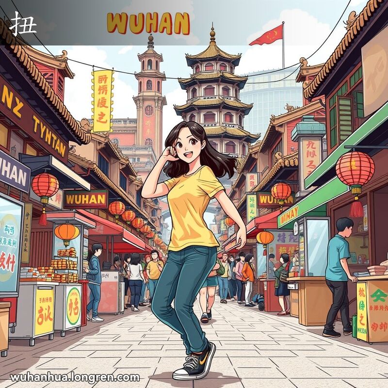 一位年轻女子在武汉街道上左右摇摆，背景有小摊贩和黄鹤楼
