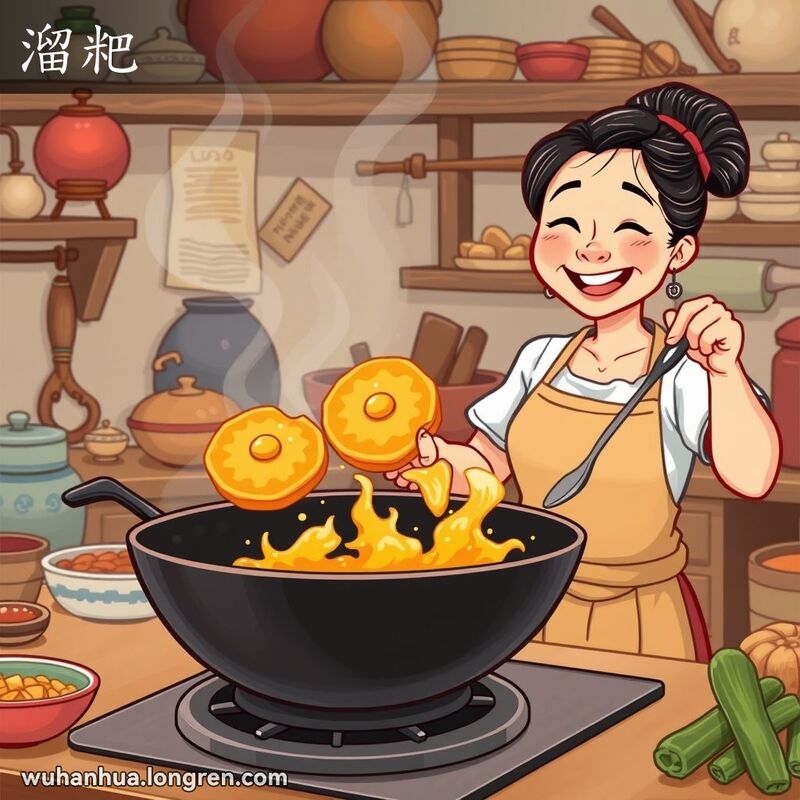 一位女子在传统厨房中烤制金黄色的小饼，背景是温馨的厨房场景