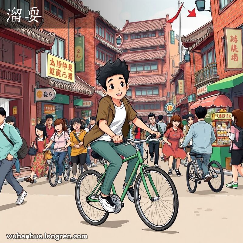 一位年轻人在武汉街道上灵活骑自行车，展现“溜耍”的敏捷和能干，背景是武汉老街景