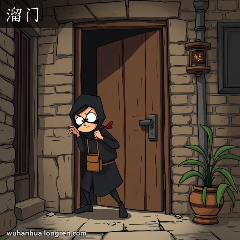 一个小偷偷偷溜进木门的场景，背景是武汉老城区的巷子