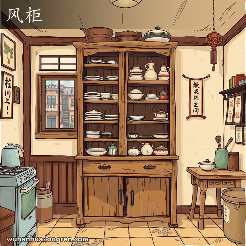 传统武汉家庭厨房中的木质柜子，用于存放厨房用具和餐具，背景有小窗和传统装饰