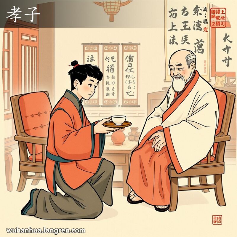 一位年轻人跪在父母面前，双手捧茶，神情恭敬，背景是传统中式家居