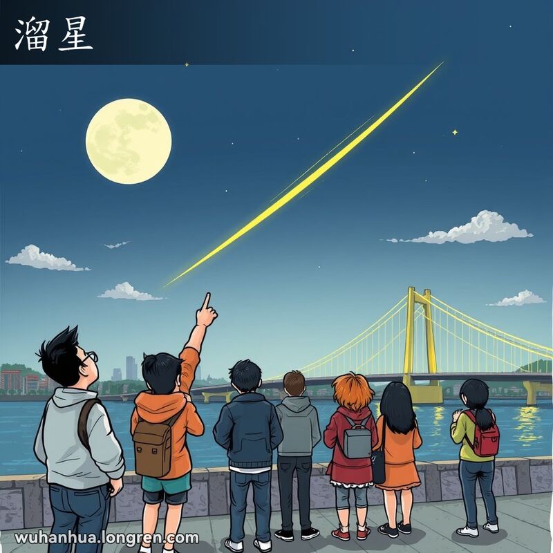 武汉市民在长江边观赏流星，流星划过夜空，背景是武汉长江大桥