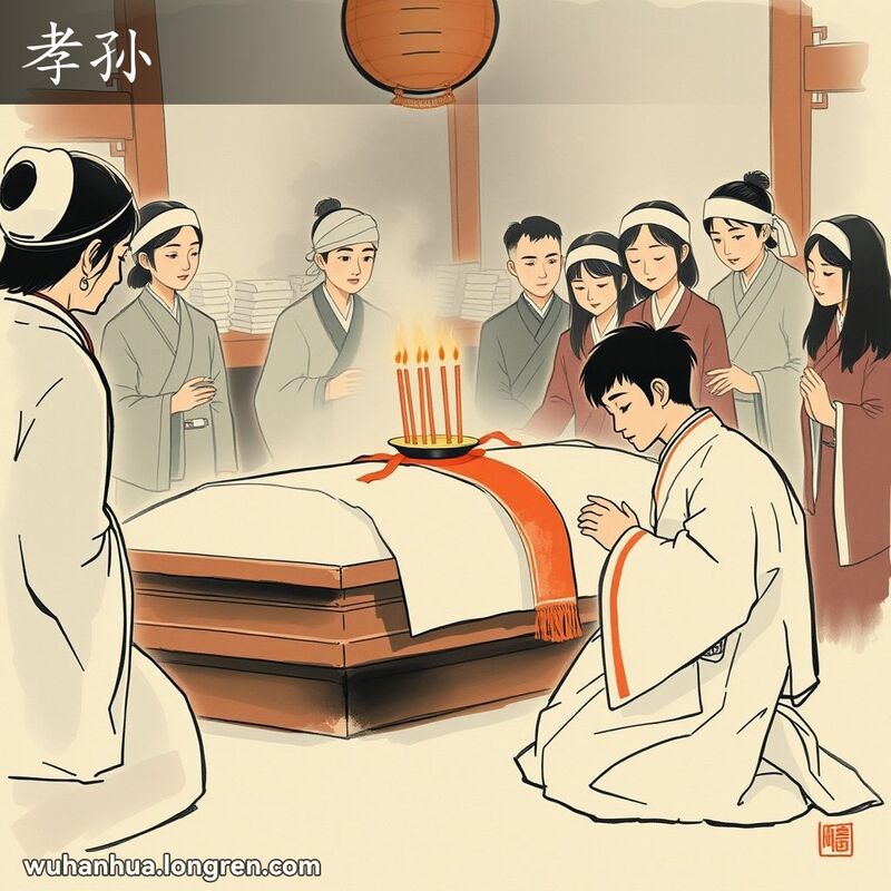 一位身穿白色孝服的年轻人跪在棺材前，表情肃穆恭敬，背景是传统中国丧礼场景